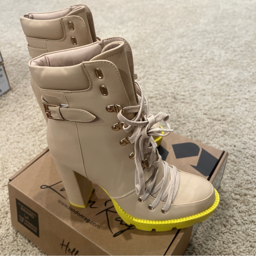 Cream and Yellow Heeled Boots with Rugged Design